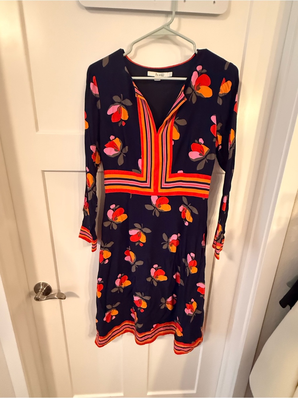 Boden Navy Floral Stripe-Trimmed Long Sleeve Dress 8L